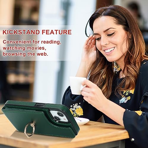 Folosu Compatible with iPhone 14 Case Wallet with Card Holder, 360°Rotation Finger Ring Holder Kickstand, RFID Blocking Leather Protective Double Buttons Shockproof Cover 6.1 Inch Dark Green - color: Dark Green, size: iPhone 14