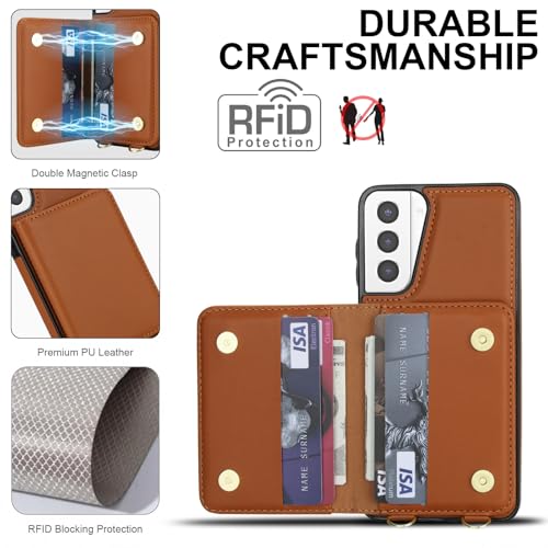Phone Case for Samsung Galaxy S21 Plus S21+ 5G Wallet Cell Cover with Tempered Glass Screen Protector Wrist Crossbody Strap RFID Blocking Stand Card Holder S21+5G S21plus 21S + S 21 21+ G5 Women Brown - color: Brown