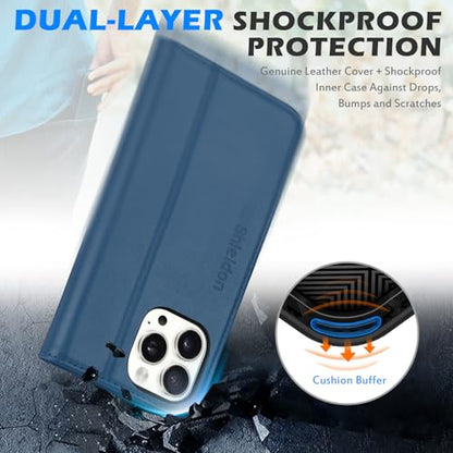 SHIELDON Genuine Leather Case Wallet for iPhone 16 Pro Max 6.9", Royal Blue | Flip Magnetic Closure, RFID Blocking 3 Card Holder, Kickstand, Full Protection, Shock Absorbing Protective Cover - color: Royal Blue