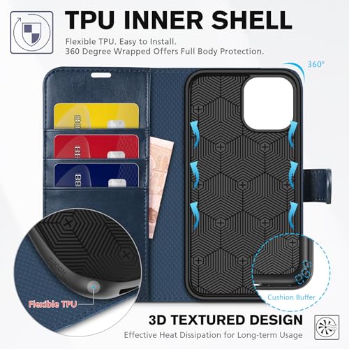 TUCCH Wallet Case for iPhone 12/12 Pro (6.1") 2020, 3 Card Slots, Dark Blue | RFID Blocking, Viewing Stand, Shockproof TPU Shell, PU Leather, Magnetic Closure, Protective Folio Flip Cover - color: Dark Blue