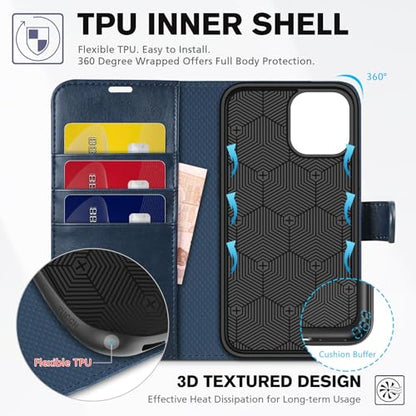 TUCCH Wallet Case for iPhone 12/12 Pro (6.1") 2020, 3 Card Slots, Dark Blue | RFID Blocking, Viewing Stand, Shockproof TPU Shell, PU Leather, Magnetic Closure, Protective Folio Flip Cover - color: Dark Blue