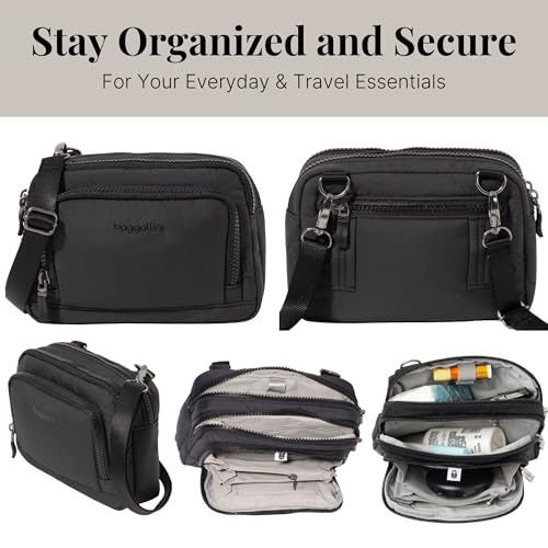 Baggallini Triple Zip with Front Wallet/Trifecta RFID Wallet Crossbody - color: Black Puff