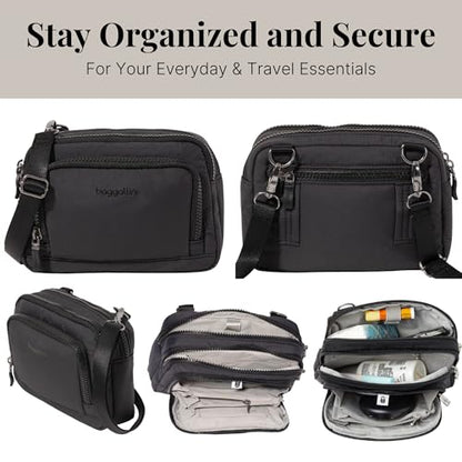 Baggallini Triple Zip with Front Wallet/Trifecta RFID Wallet Crossbody - color: Black Puff