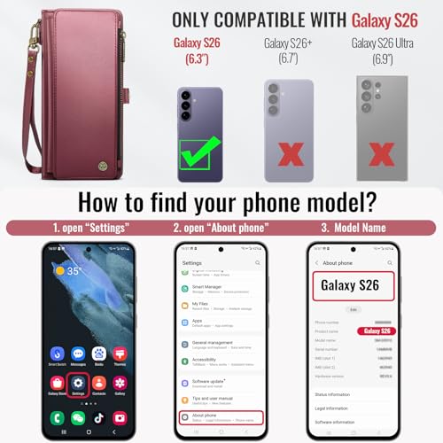 Defencase for Samsung Galaxy S26 Wallet Case with RFID Card Holder, WineRed | Durable Soft PU Leather, with Zipper Pocket, Wrist Strap, Fashion Snap Flip S26 Phone Cases Cover with Stand for Women Men - color: Wine Red