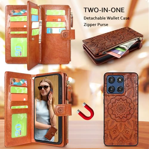 Harryshell Detachable Wallet Leather Case Compatible with Motorola Moto G Stylus 5G 2025/2026 Magnetic Phone Case Zipper with Cash Coin Pocket Multi Card Slots Holder Wrist Strap (Flower Brown) - color: Flower Brown, size: Moto G Stylus 5G 2025