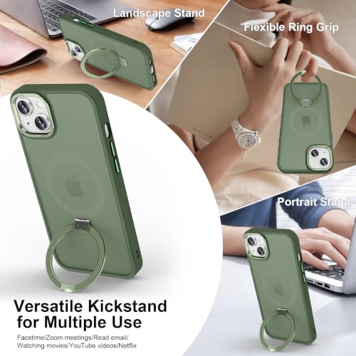 Magnetic for iPhone 13 Case with Ring Stand, Midnight Green | Invisible Magnetic Kickstand, 10FT Drop Protection Shockproof, Velvety Touch, Slim Translucent Matte Back - color: Midnight Green, size: Iphone 13 6.1 inches