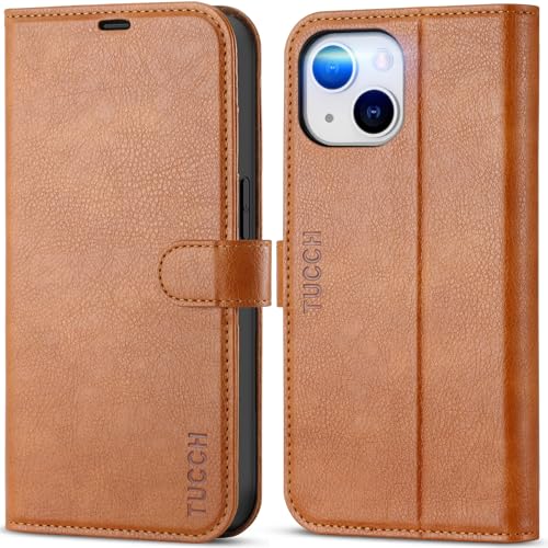 TUCCH Wallet Case for iPhone 13 (6.1") 2021, 3 Card Slots, Light Brown | RFID Blocking, Viewing Stand, Shockproof TPU Shell, PU Leather, Magnetic Closure, Protective Folio Flip Cover - color: Brown - Textured