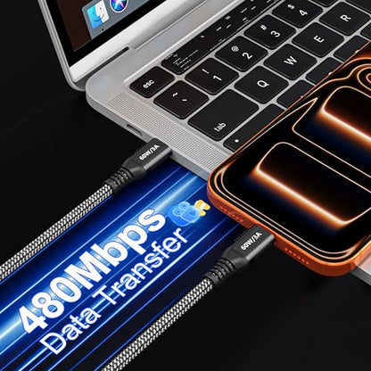 20ft USB C to USB C Cable 60W Fast Charging, Super Long Braided Type C Cable for iPhone 15/15 Pro/16/17, Samsung Galaxy S24, iPad Pro/Air, MacBook Pro/Air, Google Pixel (USB 2.0 Data Sync)