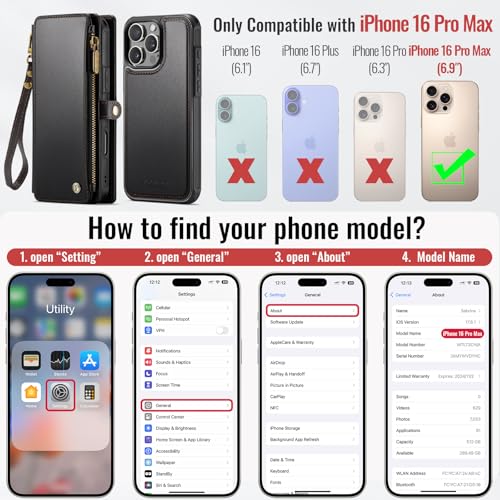 Defencase for iPhone 16 Pro Max Case Wallet Compatible with Magsafe, Black | Drop-Proof Magnetic Detachable Phone Cases Cover, with RFID Bolcking Card Holder, Zipper Strap, PU Leather, Removable Wallet - color: (Detachable with Magsafe)-Black
