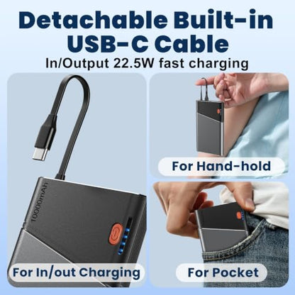 Aaoyun 10000mAh Portable Power Bank, 22.5W PD Fast Charging Battery Pack with Built-in USB-C Cable, Ultra-Slim External Phone Charger for iPhone 17/16/15, Samsung Galaxy S24, Android (Grey) - color: Grey