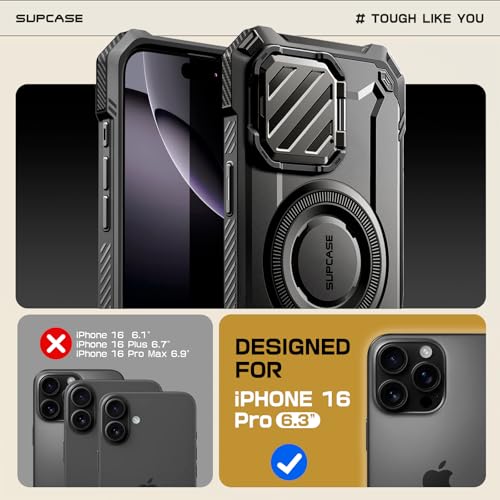 SUPCASE for iPhone 16 Pro Case (6.3 inch) with Camera Cover Stand, Dark | Compatible with MagSafe, Military-Grade Drop Protection, Camera Control Button, Heavy Duty Rugged Magnetic Phone Case, UB XT - color: Dark