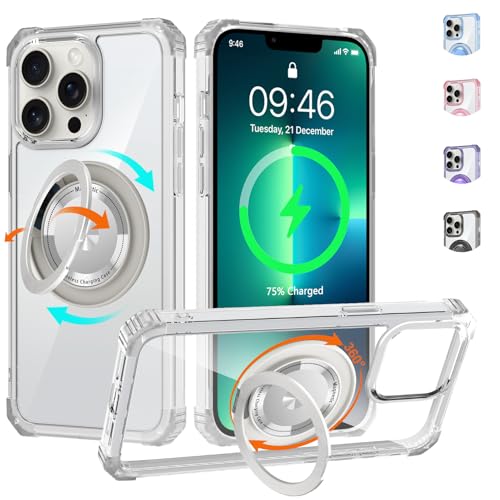 Clear Case for iPhone 13 Pro Max Magnetic 360 Rotatable Ring Stand | Military Grade Heavy Duty Cover with 360 Rotatable Ring Kickstand -260417 - color: Clear, size: iPhone 13 Pro Max