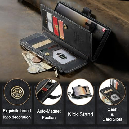 Samsung Galaxy S24 Ultra 5G Wallet Case with Card Holder Kickstand Magnetic Zipper Pocket Lanyard Strap Wristlet,Leather Flip Case Wallet for Samsung Galaxy S24 Ultra 5G 6.8 Inch(Black) - color: Black, size: S24 Ultra 6.8 Inch