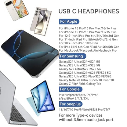 USB C Headphones for iPhone 17 16 Pro Max Samsung Galaxy S26 S25 S24 Ultra - color: White