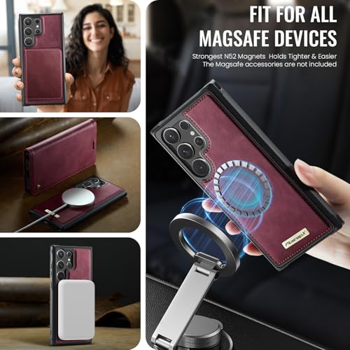 for Samsung Galaxy S25 Ultra 2in1 Detachable Wallet Case, Burgundy | Compatible with Magsafe, Magnetic, RFID Blocking Card Holder, Shockproof, Kickstand, Wireless Charging, PU Leather Flip Cover - color: Retro Burgundy, size: Galaxy S25 Ultra - 6.9"