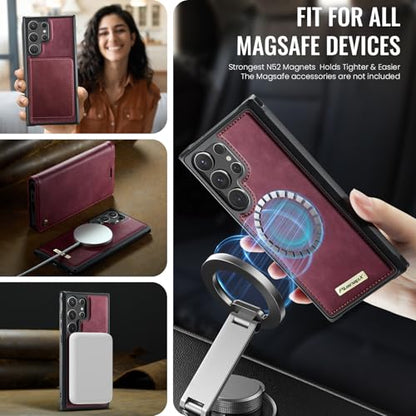 for Samsung Galaxy S25 Ultra 2in1 Detachable Wallet Case, Burgundy | Compatible with Magsafe, Magnetic, RFID Blocking Card Holder, Shockproof, Kickstand, Wireless Charging, PU Leather Flip Cover - color: Retro Burgundy, size: Galaxy S25 Ultra - 6.9"