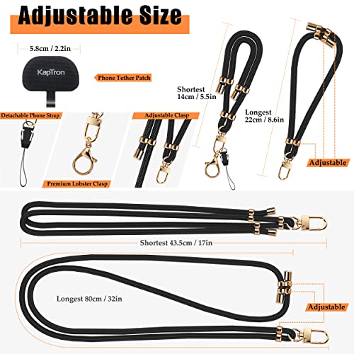 Kaptron 2Pcs Cell Phone Lanyard: Universal Adjustable Crossbody Phone Strap and Wrist Strap, with 2 Lobster Clips and 2 Tether Patches, Compatible with Most iPhone and Android Smartphones (Black/Gold)