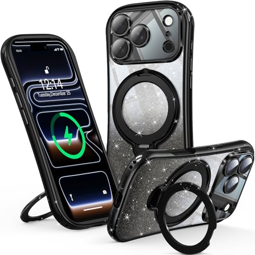 Reukdnv 360° Spin Magnetic Stand for iPhone 17 Pro Case [DIY Glitter Cardstock] [Full Camera Protection] [Fit for MagSafe] Shockproof Plating Glitter Bling TPU Cover for Women Girls 6.3", Black - color: Black Glitter, size: iPhone 17 Pro