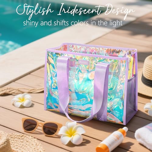 Bagstellar Iridescent Beach Bag, Jelly Tote Bag with Phone Pouch Makeup Bag | Large Beach Bags Waterproof Sandproof, Zipper Beach Tote Clear Pool Swim Boat Bag for Women Summer Travel Cruise Essentials - color: Lavender