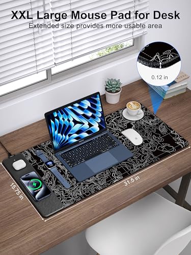 Mouse Pad with Wireless Charging, Large Desk Mat, Black Topographic Map #3 - color: Black Topographic Map #3