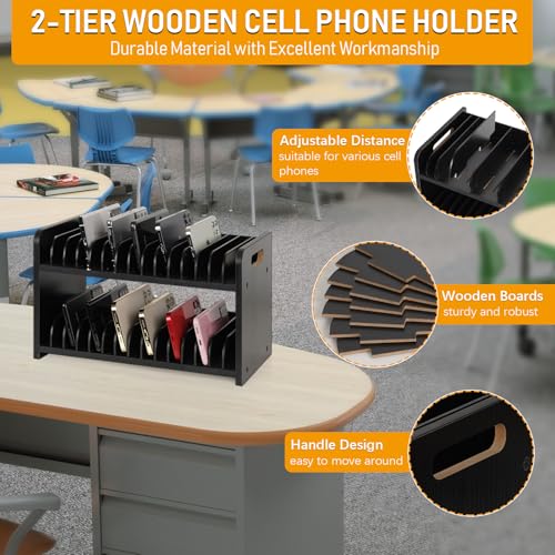 30-Grid Wooden Cell Phone Holder stand with 1-30 Number Stickers, Black - color: Black