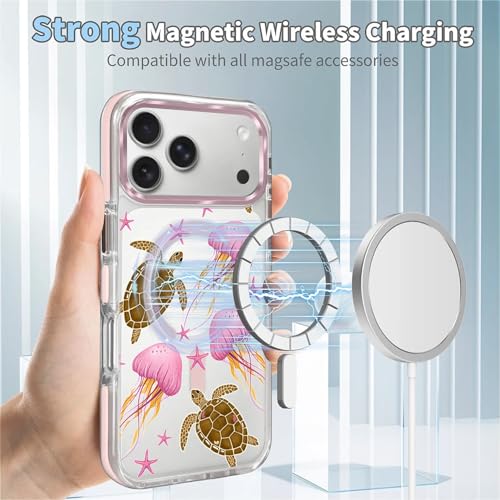 VisEnt Clear Case for iPhone 17 Pro Max, Magnetic Phone Case, Transparent Slim Cover, Military Grade Protection, Shockproof, Anti-Yellowing, Scratch Resistant, Pink Jellyfish Sea Turtle - color: Pink Jellyfish Sea Turtle, size: Iphone 17 Pro Max