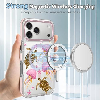 VisEnt Clear Case for iPhone 17 Pro Max, Magnetic Phone Case, Transparent Slim Cover, Military Grade Protection, Shockproof, Anti-Yellowing, Scratch Resistant, Pink Jellyfish Sea Turtle - color: Pink Jellyfish Sea Turtle, size: Iphone 17 Pro Max