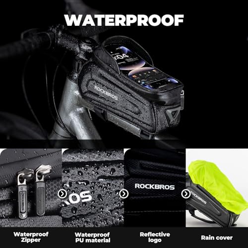 ROCKBROS Bike Phone Bag, [Oversized] EVA Waterproof Bike Top Tube Bag | Phone Holder Bicycle 1.7L Capacity Pouch Fits Phones With Case Under 7.2",E-Bike Accessories Straps Fit All Frames - color: Black - Hook and Loop - 1.7L
