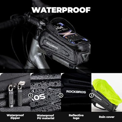 ROCKBROS Bike Phone Bag, [Oversized] EVA Waterproof Bike Top Tube Bag | Phone Holder Bicycle 1.7L Capacity Pouch Fits Phones With Case Under 7.2",E-Bike Accessories Straps Fit All Frames - color: Black - Hook and Loop - 1.7L