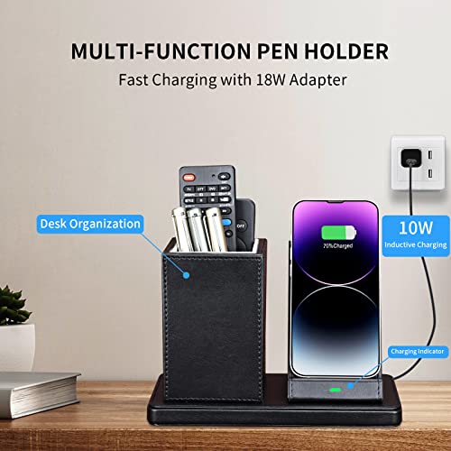Wireless Charger with Desk Organizer, Wireless Charging Station for iPhone 13/13 Pro Max/13 Pro/12 Series/11/XS Max/XR/X/8Plus/SE 2, Wireless Charging Stand with Leather… (Black) - color: Black