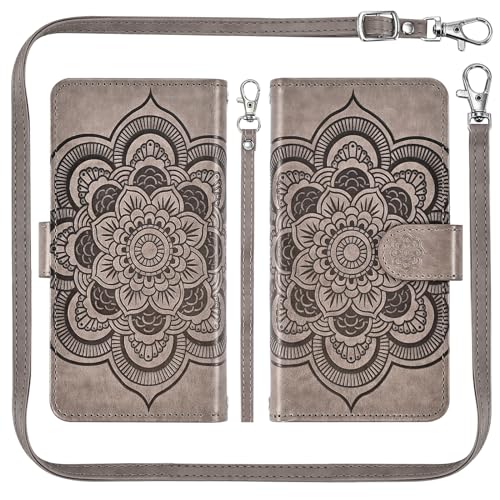 Asuwish Phone Case for iPhone 16 Pro 6.3 inch Zipper Wallet Magnetic Detachable Cell Cover with Tempered Glass Screen Protector Crossbody Strap Flower Card Holder i Phone16 i16 16Pro Women Girls Gray - color: Gray