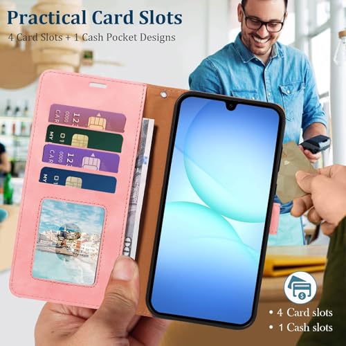 Wallet Case for Samsung Galaxy A17, RFID Blocking (Pink) | 4 card slots with ID window, cash pocket, wrist strap, stand function, magnetic closure, flip PU leather, TPU inner shell - color: Pink