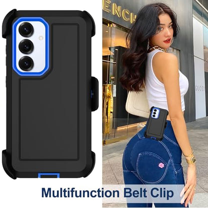 for Samsung Galaxy S25 Case, Samsung Galaxy S24 Case, with 2X Screen Protector, Dual Layer Bumper Cover with Belt Clip Holster & Kickstand Phone Case for Galaxy S25/S24 5G (Black/Blue) - color: Black/Blue
