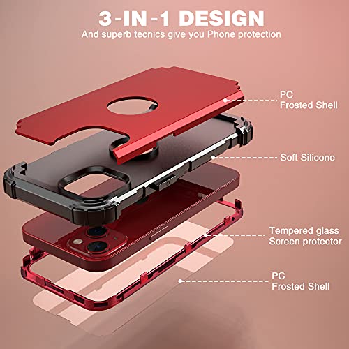 IDweel for iPhone 15 Case with Tempered Glass Screen Protector, 3 in 1 Shockproof Slim Hybrid Heavy Duty Hard PC Cover Soft Silicone Bumper Full Body Case,Red - color: Red