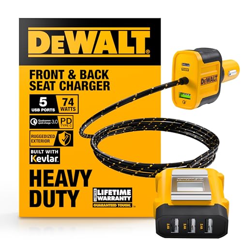 DEWALT Heavy Duty 72W 5 Port USB Car Charger Multiport, iPhone 17 Multi USB