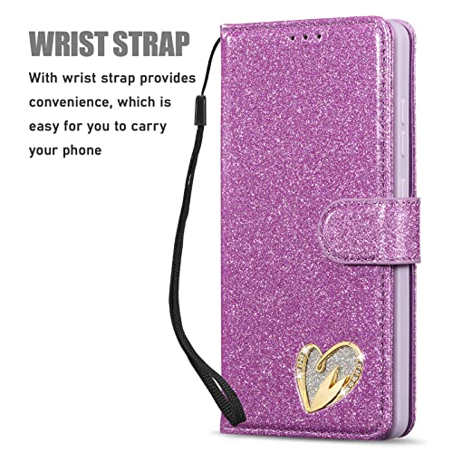 QLTYPRI Case for Samsung Galaxy A16 4G/5G, Bling Shiny Glitter Flip Folio Case Full-Body Protective Cover Card Slots Magnetic Closure Kickstand Wrist Strap for Women Girls A16 Case - Purple