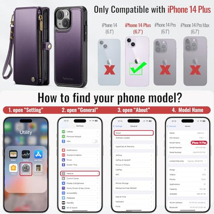 Defencase for iPhone 14 Plus Case Wallet Compatible with Magsafe, Purple | Drop-Proof Magnetic Detachable Phone Cases Cover, with RFID Bolcking Card Holder, Zipper Strap, PU Leather, Removable Wallet - color: (Detachable with Magsafe)-Purple