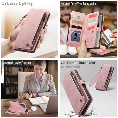 Defencase for Samsung Galaxy S24 Ultra Wallet Case with Card Holder, Pink | Durable PU Leather, with RFID Blocking Zipper Pocket, Wrist Strap, S24 Ultra Flip Phone Cases Cover with Stand for Women Men - color: Rose Pink