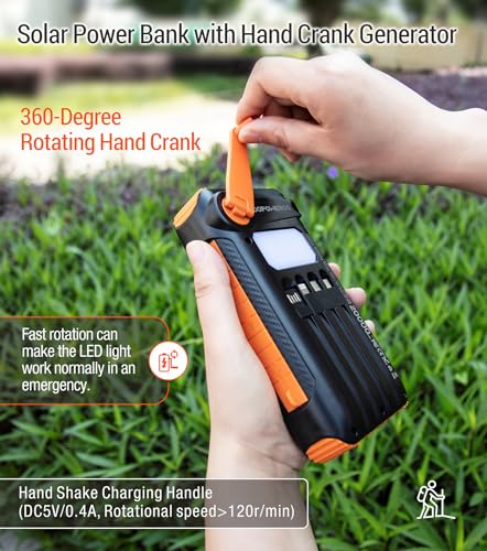 Solar Power Bank 20000mAh Built in Hand Crank and 4 Cables 22.5W Fast Charge Power Bank 5 Outputs & 5 Inputs Solar Portable Charger, SOS/Strobe/Strong Flashlights, Carabiner (Orange)