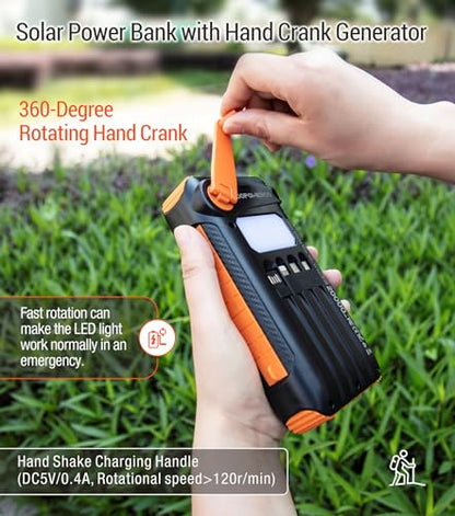 Solar Power Bank 20000mAh Built in Hand Crank and 4 Cables 22.5W Fast Charge Power Bank 5 Outputs & 5 Inputs Solar Portable Charger, SOS/Strobe/Strong Flashlights, Carabiner (Orange)