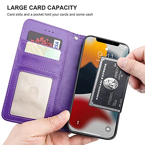 Bocasal Detachable Wallet Case Card Holder for iPhone 13, Purple | RFID Blocking Kickstand Card Slots Holder PU Leather Magnetic Shockproof Wrist Strap Removable Flip Protective Cover 6.1 inch - color: Purple