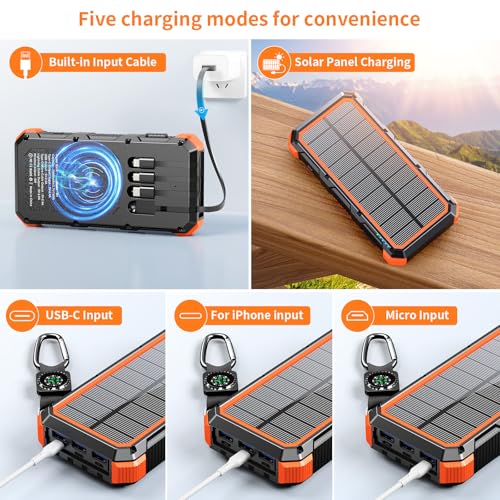 Solar Charger Power Bank 20000mAh Wireless Charger QC 3.0 Fast Charging Power Bank 8 Outputs 4 Inputs Solar Portable Charger Compatible with All Mobile Devices,SOS/Strobe/Strong Flashlights (orange)