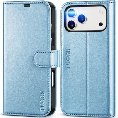 TUCCH Wallet Case for iPhone 17 Pro Max, 4 Card Slots, Pearly Light Blue | RFID Blocking, Viewing Stand, Shockproof TPU Shell, PU Leather, Magnetic Closure, Protective Folio Flip Cover - color: Pearly Light Blue
