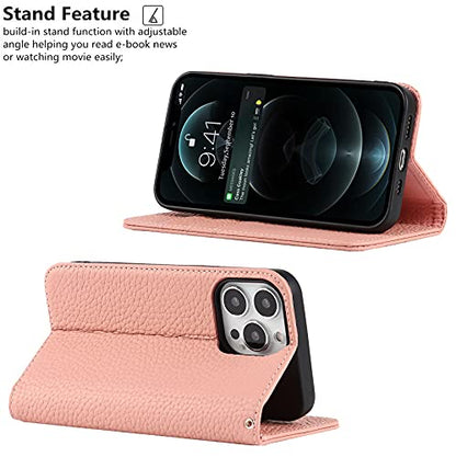 iCoverCase Compatible with iPhone 13 Pro Wallet Case with Credit Card Holder and Wrist Strap, RFID Blocking Genuine Leather Flip Magnetic Phone Cover 6.1 Inch (Pink) - color: 1-Pink (No Headphone Storage Belt), size: iPhone 13 Pro