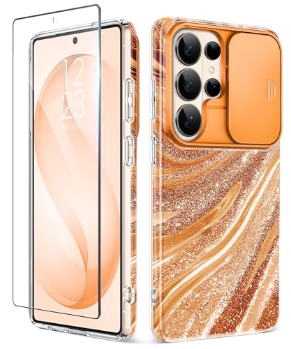 GVIEWIN for Samsung Galaxy S26 Ultra Case with Slide Camera Cover, [Screen Protector] [Shockproof Military Grade Drop Protection] Marble Slim Fit Hard PC Phone Cover S26 Ultra 6.9" 2026 (Amber/Orange) - color: Z-Amber/Orange, size: For Galaxy S26 Ultra 6.