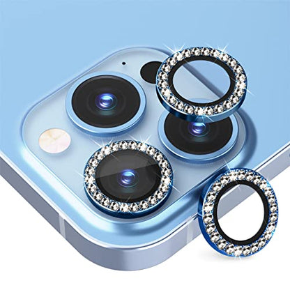 Suoman 3-Pack for iPhone 13 Pro Max/iPhone 13 Pro Camera Lens Protector, 9H Hardness Tempered Glass Film, [Flash Diamonds] [Does not Affect Night Shots] Individual Metal Protective Cover -Blue - color: Diamond Blue
