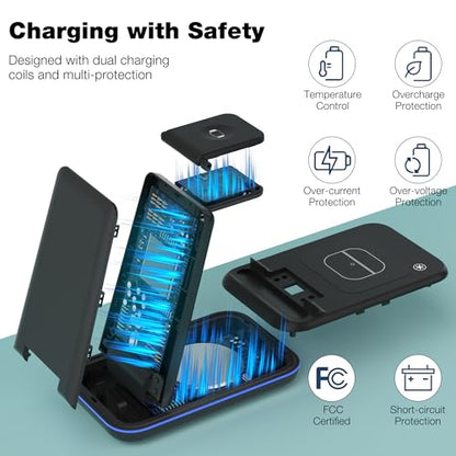 Wireless Charger for iPhone, Foldable 3 in 1 Fast Charging Station/Stand/Multi Charger for iPhone15 14 13 12 11/Xs/XR/X/8, Travel Pad for Apple Watch S8/Ultra/7/6/5/4/3/2/SE, Airpods 2/3/Pro/Pro 2