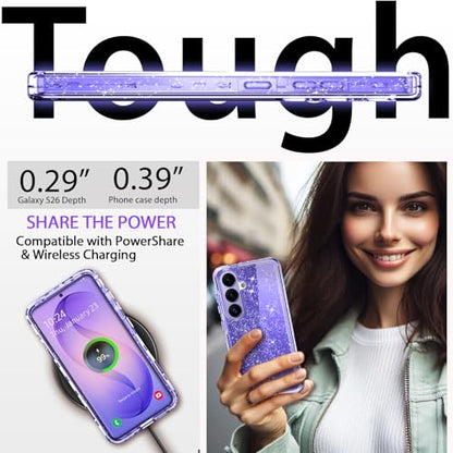 Full Protective for Galaxy S26 Heavy Duty Hybrid 3 in 1 Rugged Shockproof Women Girls for Samsung Galaxy S26 6.3 inch 5G Shiny Clear Glitter Bling Sparkle - size: 6.3 inch (for S26)