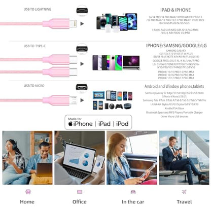 4 in 1 Multi Charging Cable 4ft 2 Pack,Braided MFi Certified Charger Cable - color: BlackGrey/Rose-4ft-2Pack