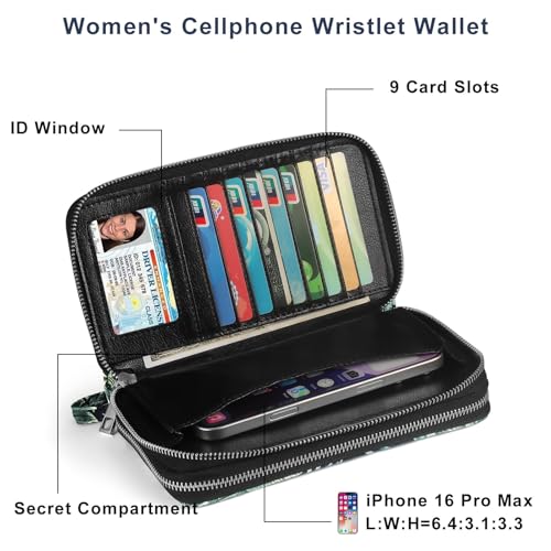 RFID Blocking Cellphone Wallet for Women with Wrist Strap, Double Zipper Travel Clutch Purse Large Capacity, Palm Leaf - color: Green Palm Leaf